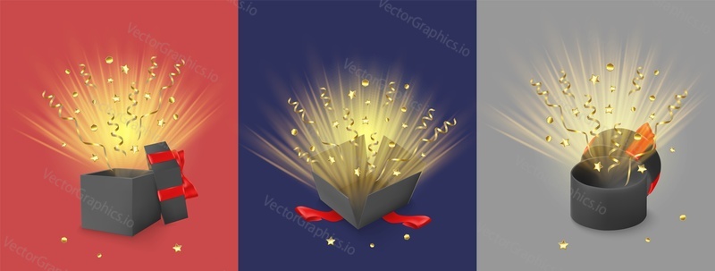 Open magic gift boxes with shine, confetti and serpentine, vector isolated illustration. Realistic black boxes and lids with red bows and ribbons for birthday, Christmas greeting card, flyer, banner.