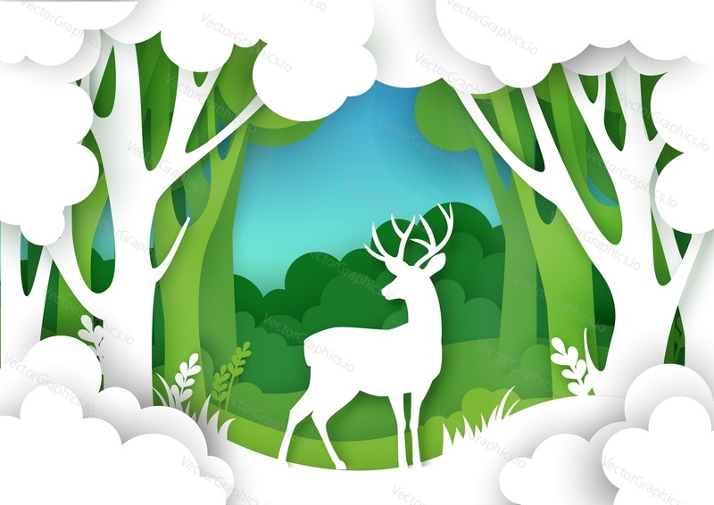 Paper cut forest landscape and beautiful deer silhouette. Vector illustration in paper art style. Save nature and wildlife. Ecology, environment conservation.