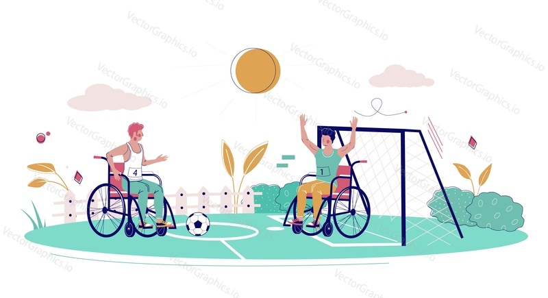 Male characters in wheelchairs playing football, flat vector illustration. Soccer players with disabilities on football field. Disabled people active lifestyle.