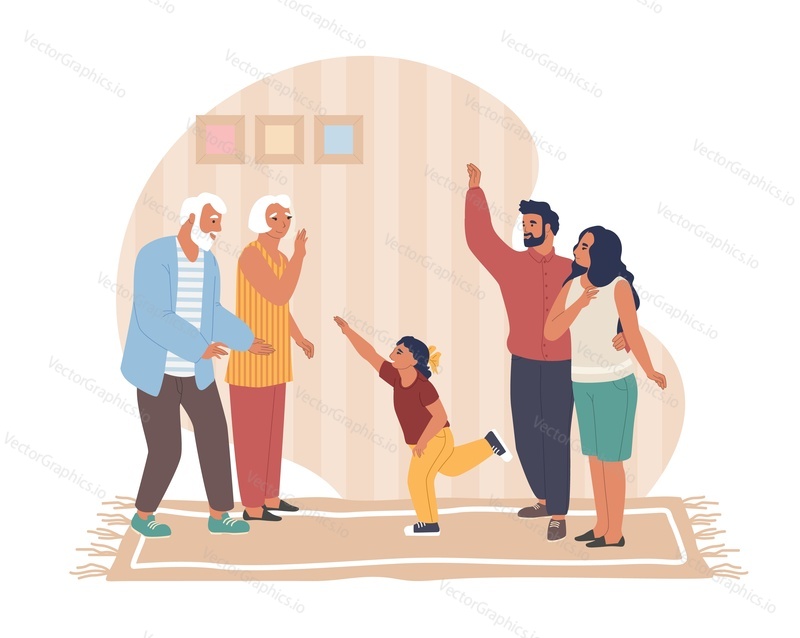 Father, mother and daughter visiting their parents, flat vector illustration. Senior couple greeting their children and granddaughter. Happy family relationship. Homecoming. Three age generations.