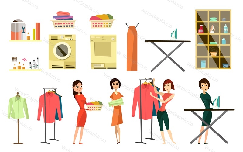 Laundry service set, flat vector isolated illustration. Female character doing laundry, ironing clothes. Washing machine, baskets with clean and dirty clothes. Washing detergent, stain remover bottles