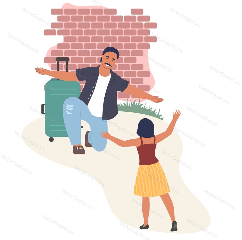Happy couple greeting each other with open arms, flat vector illustration. Happy wife meeting her husband coming back home from business trip. Homecoming.