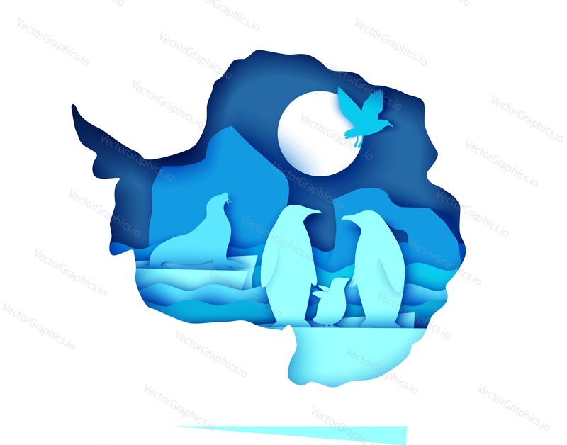 Wildlife of Antarctica, world continent. Vector illustration in paper art style. Mainland Antarctica map with icebergs, penguin family, seal wild animals silhouettes.
