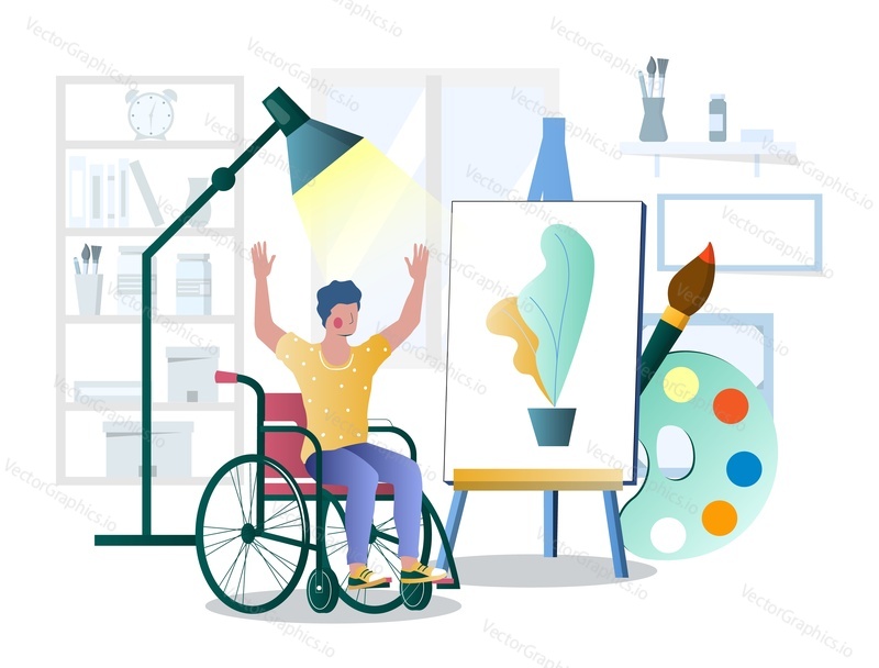Happy young man using wheelchair admiring piece of art, flat vector illustration. Arts therapy, healing and mental wellbeing.