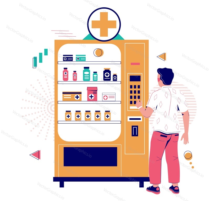 Man buying medicinal drugs from pharmacy vending machine, flat vector illustration. Medicine vending machines and self service technologies.