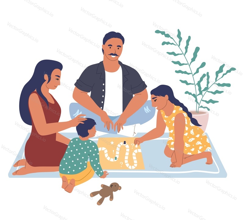 Happy family playing board game sitting on the rug, flat vector illustration. Parents with kids spending time together, playing tabletop game. Home leisure activities and entertainment.