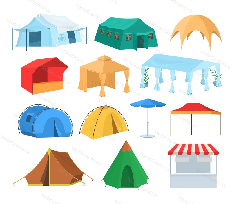 Different types of tents, flat vector isolated illustration. Tourist hiking and camping tents, market store, cafe, restaurant, festival event pavilion, temporary shelter, emergency medical tent.