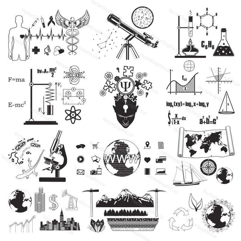 Science symbols set vector illustration. Medicine, astronomy, chemistry, physics, geography, maths, biology ecology economics and psychology science elements. School education.
