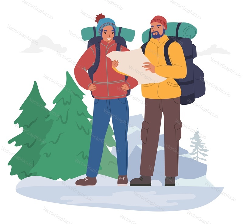 Happy tourist couple with backpacks wearing winter clothing looking at map, flat vector illustration. Winter tourism, hiking, outdoor activity.