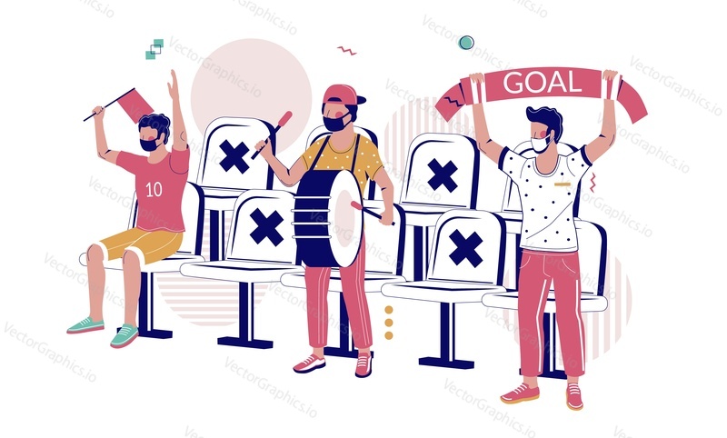 Football fans in face masks watching soccer game keeping social distancing from each other at the stadium, flat vector illustration. New normal after COVID-19 pandemic. Sport events, football match.