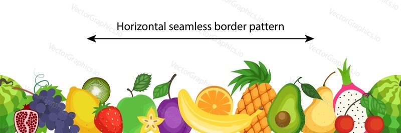 Vector seamless pattern with ripe and fresh fruits. Banana, avocado, apple, pear, cherry, plum, strawberry, watermelon, lemon, orange pitaya grapes pineapple. Horizontal seamless border pattern.