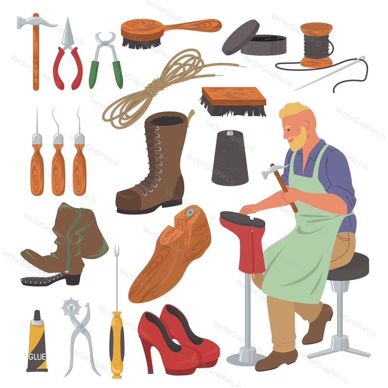 Shoemaker set flat vector isolated illustration. Shoe repair tools, cobbler supplies and accessories. Glue, lasts, scissors, awl, pliers, needle, thread, brush and hammer. DIY shoe making.