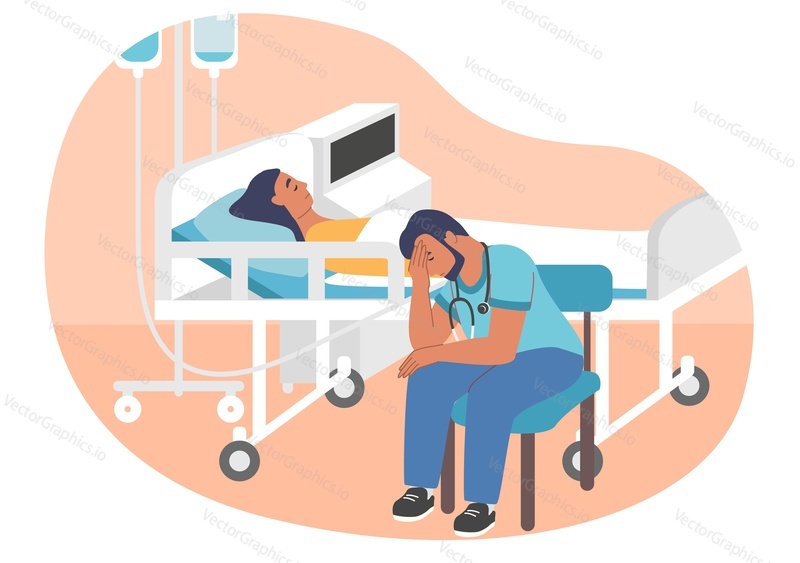 Exhausted overworked doctor or intern sitting on chair in hospital ward next to patient lying on gurney, flat vector illustration. Tired sleepy medical worker. Work burnout, despair.