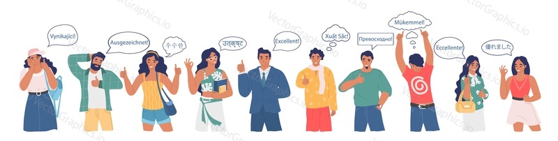 Group of people saying excellent word in different languages showing ok, thumbs up hand gestures, flat vector illustration. International communication. Foreign languages school, courses.