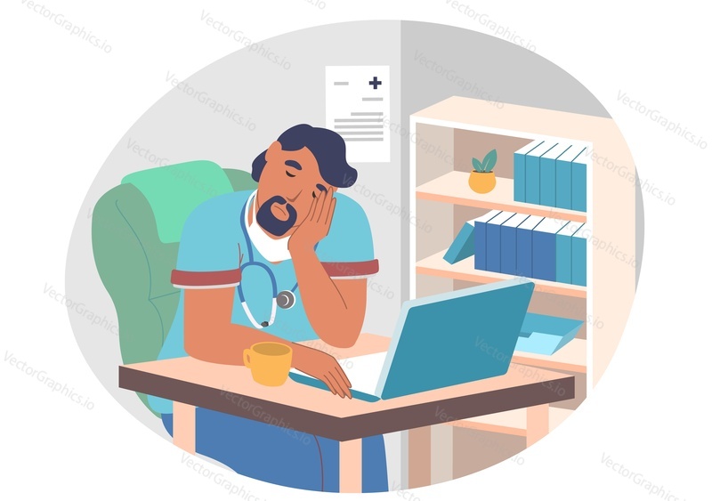 Tired doctor practitioner, intern sleeping in office while sitting at desk with computer on it, flat vector illustration. Exhausted healthcare professional, medical worker. Overworked doctor.