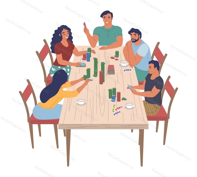 Happy family characters playing board game sitting at table, flat vector illustration. Parents with children spending time together, playing tabletop game and having fun. Home leisure activities.