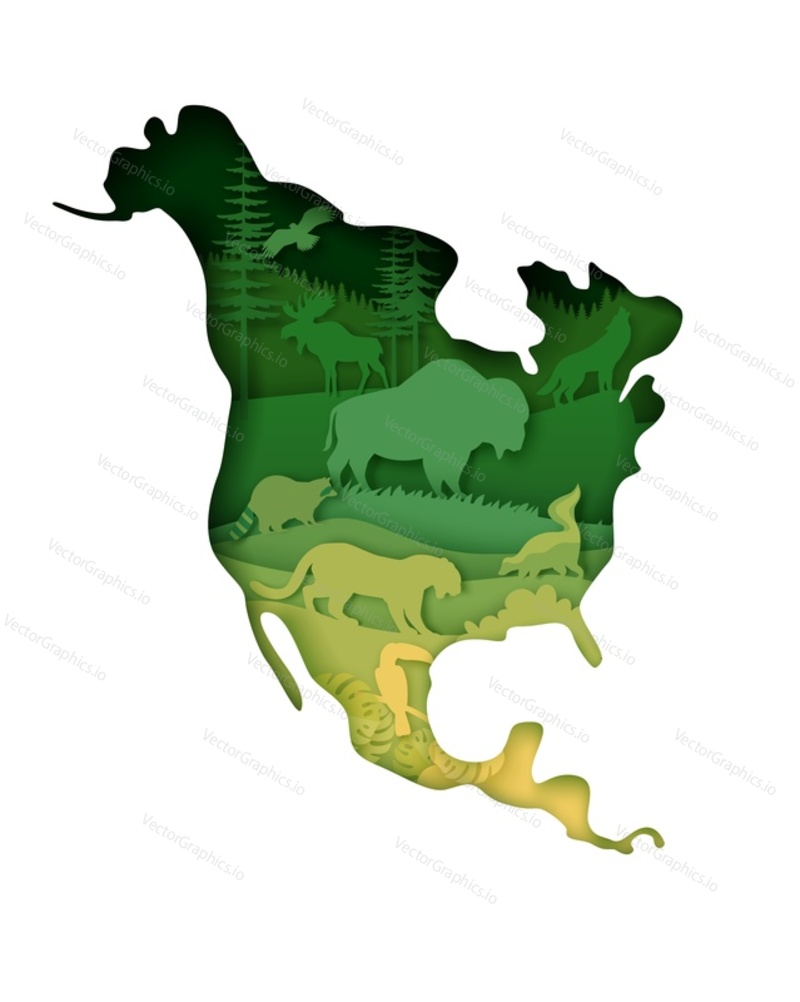Wildlife of North America, world continent. Vector illustration in paper art style. Mainland North America map with nature, bison, moose raccoon, striped skunk, coyote jaguar wild animals silhouettes.