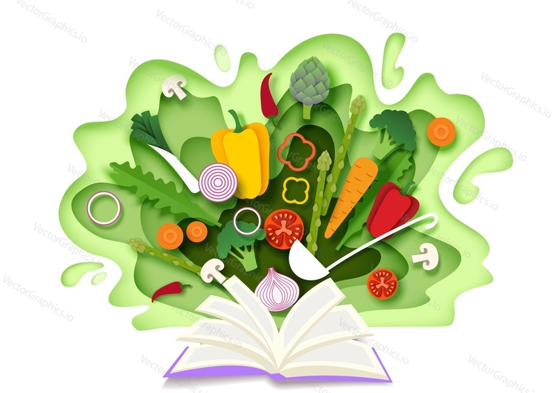 Open recipe book with fresh vegetables. Vector illustration in paper art style. Cooking ingredients. Paper cut kohlrabi, broccoli, onion, carrot, tomato, mushrooms, red and yellow pepper. Cooking book