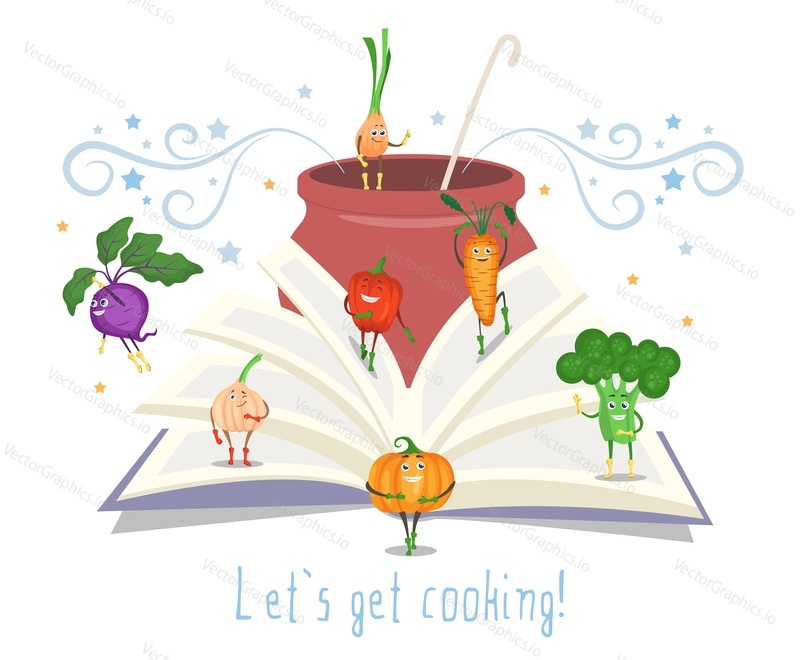Open recipe book, pot with ladle, cute vegetables, flat vector illustration. Happy cartoon kohlrabi, broccoli, onion, carrot, pumpkin, garlic and red pepper with faces. Hand lettering. Cooking book.