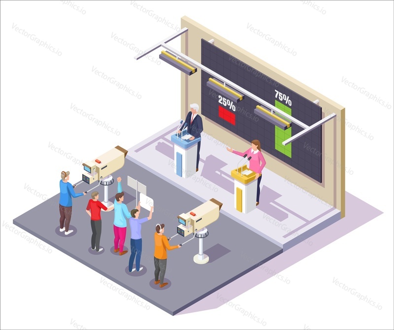 Presidential candidates debate in TV show studio. Political debate and democracy concept vector illustration in isometric style. Election poll results.