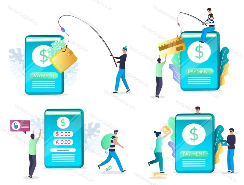 Mobile phishing attack set, flat vector isolated illustration. Hacker stealing personal information and money. Mobile phishing scams.