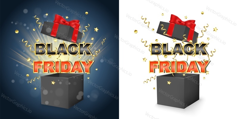 Black friday promotion sale box with surprise. Black gift box with red bow and ribbon. 3d vector concept for black friday promo discount.