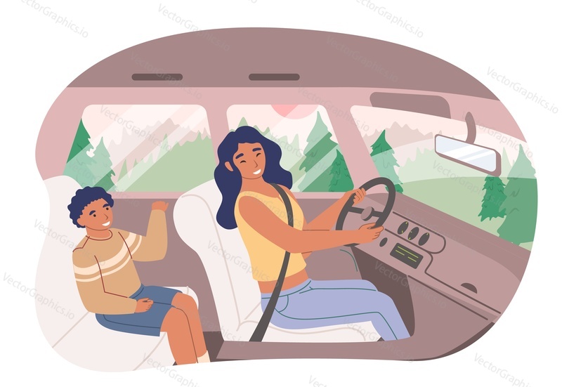 Happy mother with her son sitting inside car, flat vector illustration. Mom driving car, traveling together with her kid. Family road trip. Summer vacation, weekend.