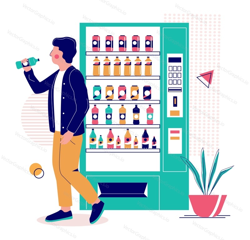 Young man drinking water he has bought from drink vending machine, flat vector illustration. Beverage vending machine with cold soft drinks in cans and bottles.