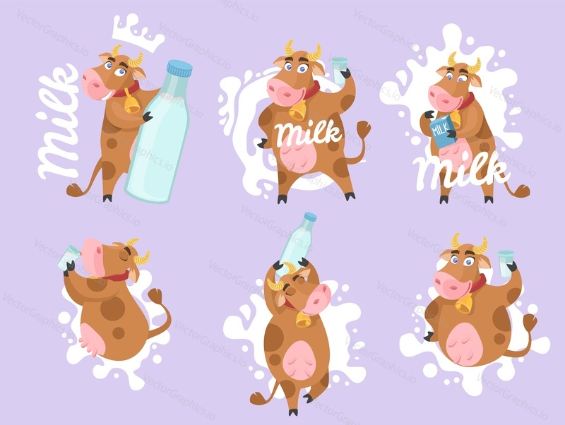 Happy cow cartoon character set, flat vector isolated illustration. Cute farm animal, mascot with milk bottle and glass. Funny cow collection for dairy product packaging label.