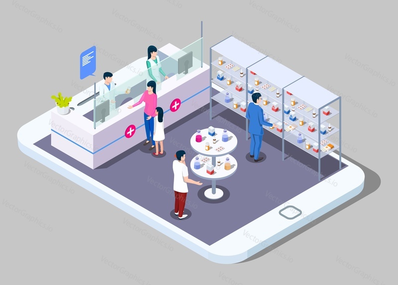 Online drugstore, flat vector illustration. Isometric smartphone screen with pharmacy store counter, doctor pharmacists serving patients, medicine bottles, pills on shelves. Online pharmacy app.
