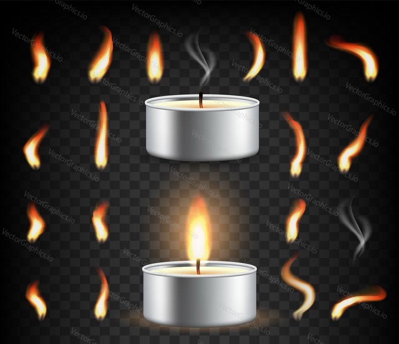 Tea light candle set, vector illustration isolated on transparent background. Realistic burning, extinguished tealight candles in case and flame.