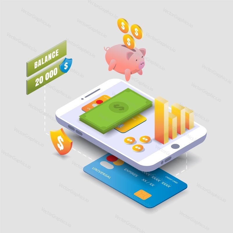 Isometric smartphone with bank card, money, diagram on screen, piggy bank with dollar coins, vector illustration. Mobile banking and online deposit, business investments, mobile deposit transactions.