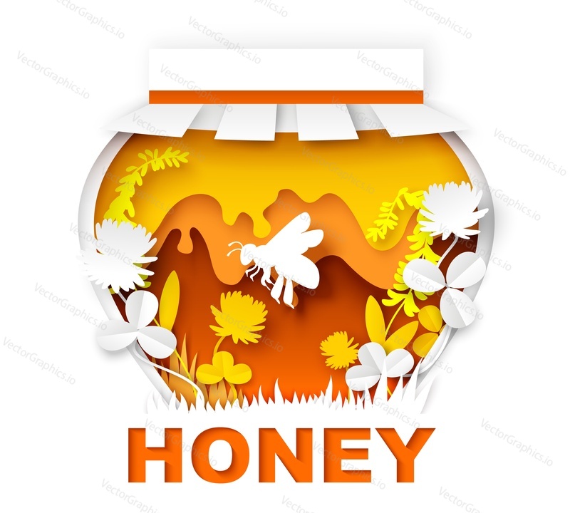 Paper cut clover honey pot. Glass jar with healthy natural food, sweet syrup and cute bee collecting nectar. Vector illustration in paper art style. Beekeeping, organic honey product logo, label.
