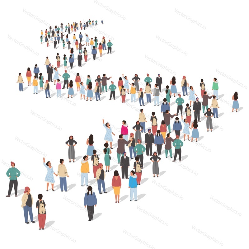 Large group of people standing in long line, flat vector illustration. People crowd gathering.