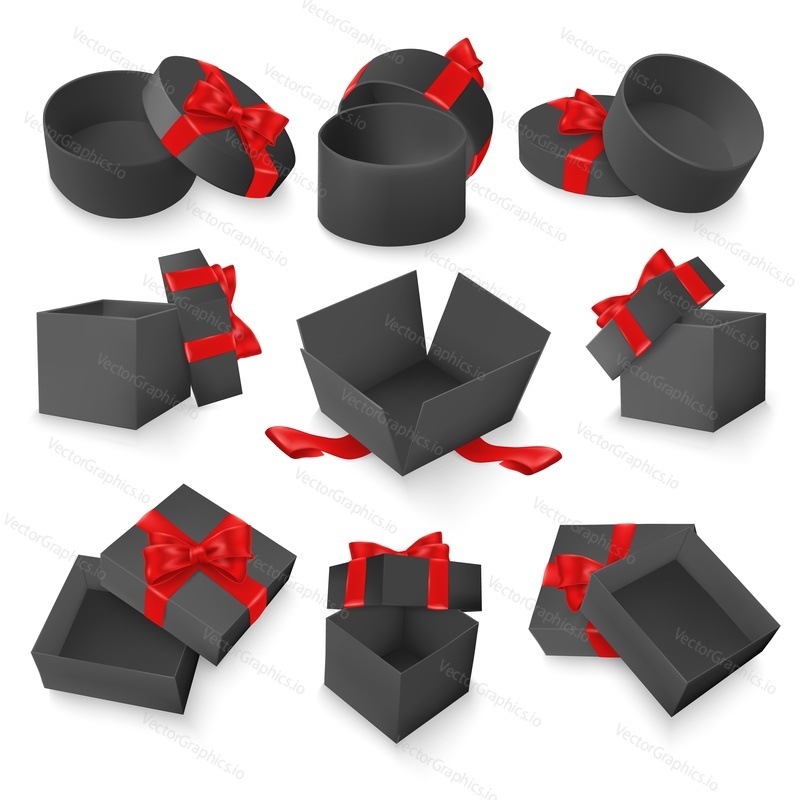 Vector set of gift black boxes with red bow and ribbon. 3D realistic objects isolated on white background. Christmas and birthday holiday decoration. Black friday sale presents.