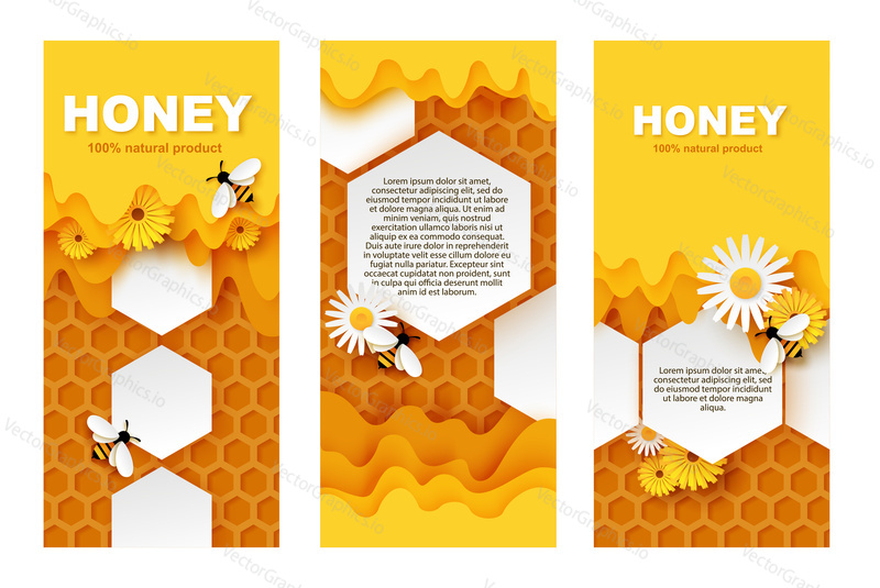 Honey banner vector template set. Paper cut honeycombs with flowing sweet honey, cute bees flying over flowers and collecting nectar, copy space.