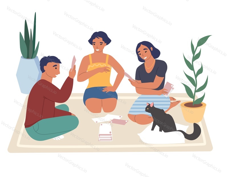 Teens playing board game sitting on the floor with cat, flat vector illustration. Happy young people friends playing cards and having fun. Home leisure activities.