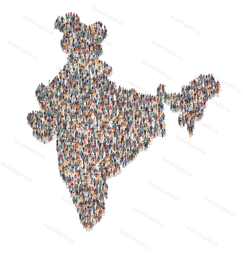 Large group of people forming India map standing together, flat vector illustration. People crowd gathering. Population demographics.