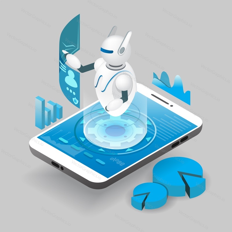 Isometric ai robot on smart phone screen, vector illustration. Artificial intelligence, virtual assistant, chatbot mobile phone app.