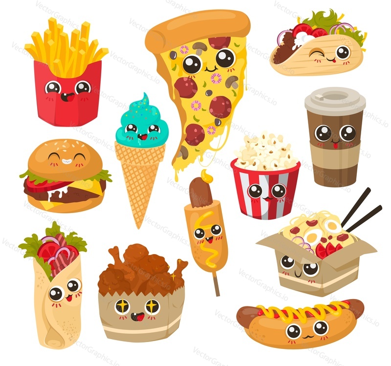 Cute funny fast food character set, flat vector illustration. Happy cartoon burger, shawarma, french fries, coffee, hot dog, pizza, chicken legs, popcorn, wok, ice cream cone with human faces.