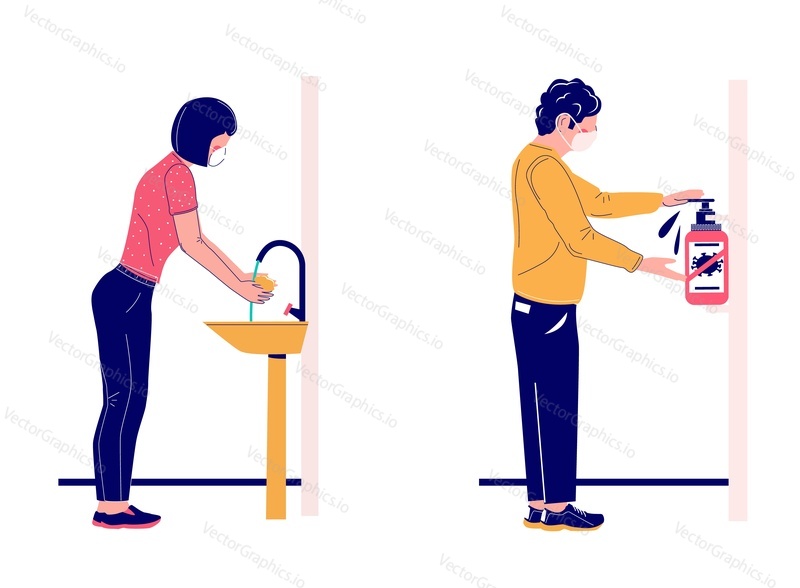 Male and female cartoon characters washing hands with soap and using hand sanitizer, flat vector illustration. Coronavirus disinfection, personal hygiene. Corona virus pandemic prevention.