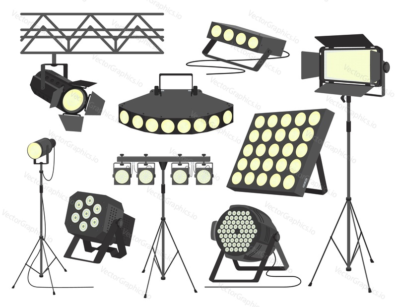Stage spotlight set, flat vector isolated illustration. Professional lighting equipment for theater performances, photo studio, movie production, concerts, show etc.