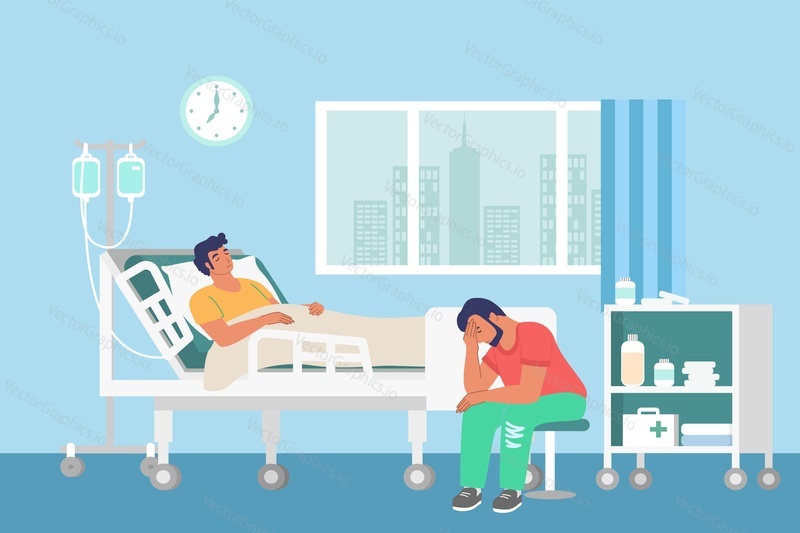 Hospital room interior, male characters, drip, flat vector illustration. Sick patient lying in bed and receiving IV therapy, sad relative or friend sitting on chair next to him. Patient health care.