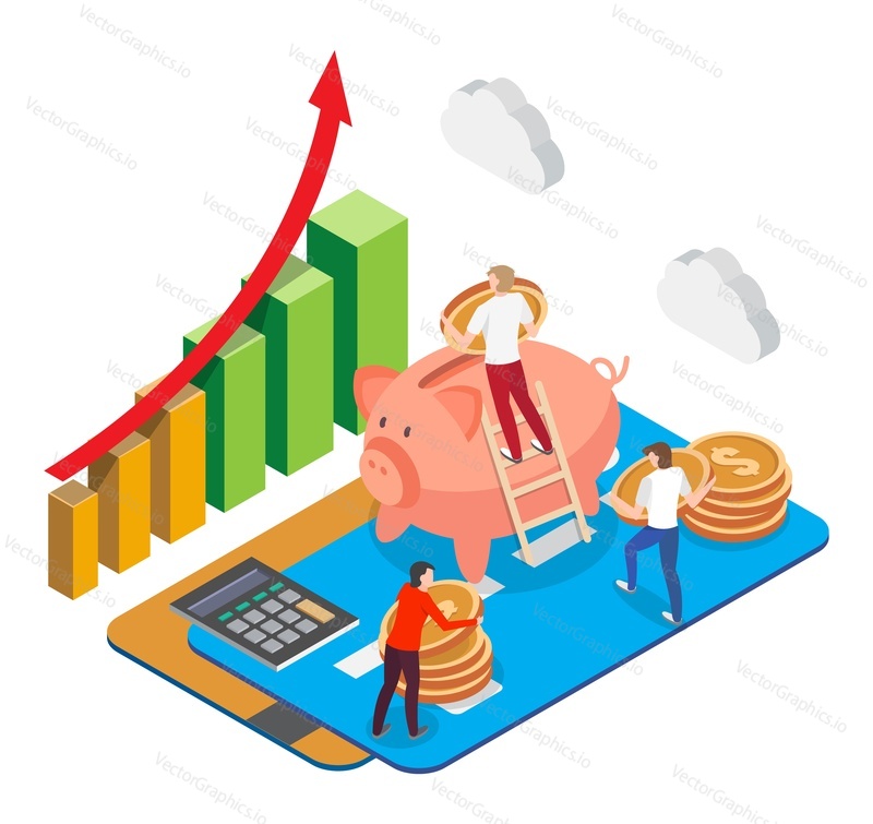 Financial investments. Isometric bank cards with people putting dollar coins into piggy box, flat vector illustration. Raising arrow bar chart. Money saving, economy.