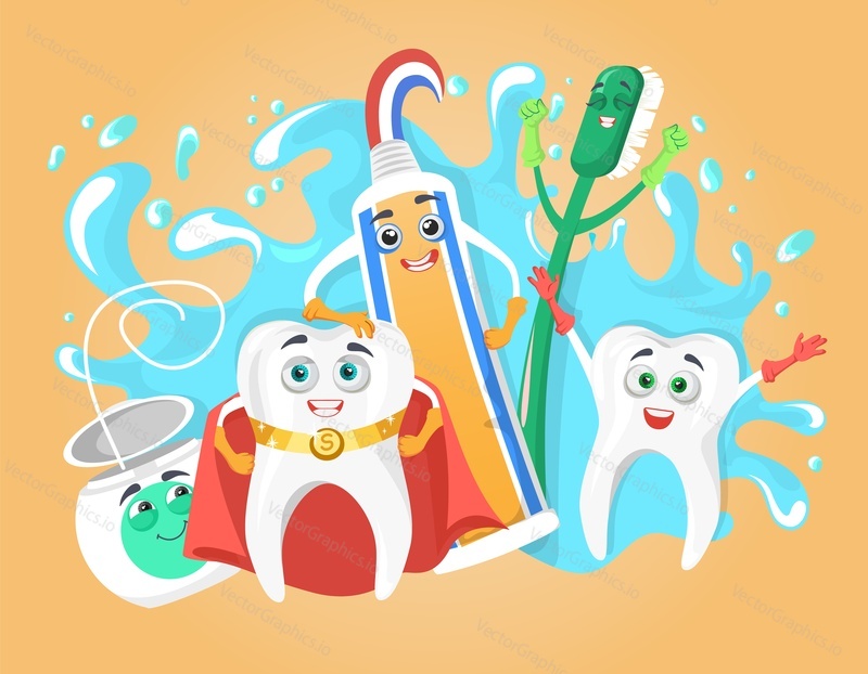 Happy healthy teeth, toothbrush, toothpaste and tooth floss with human faces, flat vector illustration. Best friends cartoon characters. Kids dentistry. Dental health and hygiene.