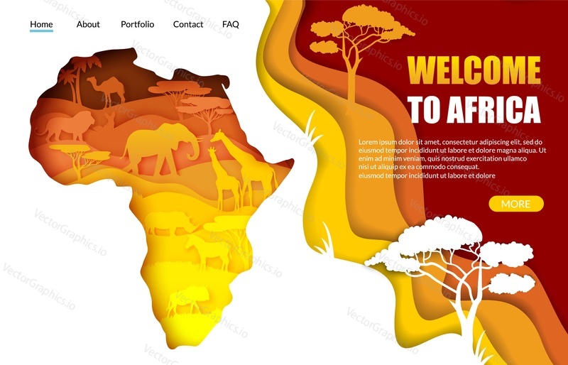 Welcome to Africa vector website template, landing page design for website and mobile site development. Paper cut Africa map with african landscape, wild animals silhouettes inside. Travel concept.