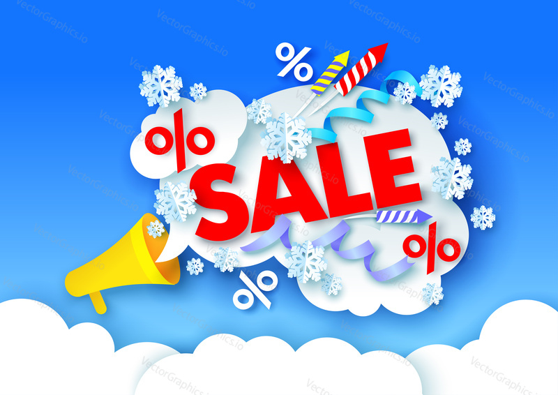 Christmas sale poster, banner design template. Vector illustration in paper art craft style. Firecrackers, serpentine, snowflakes, percent discount signs flying out of megaphone. Christmas discounts.