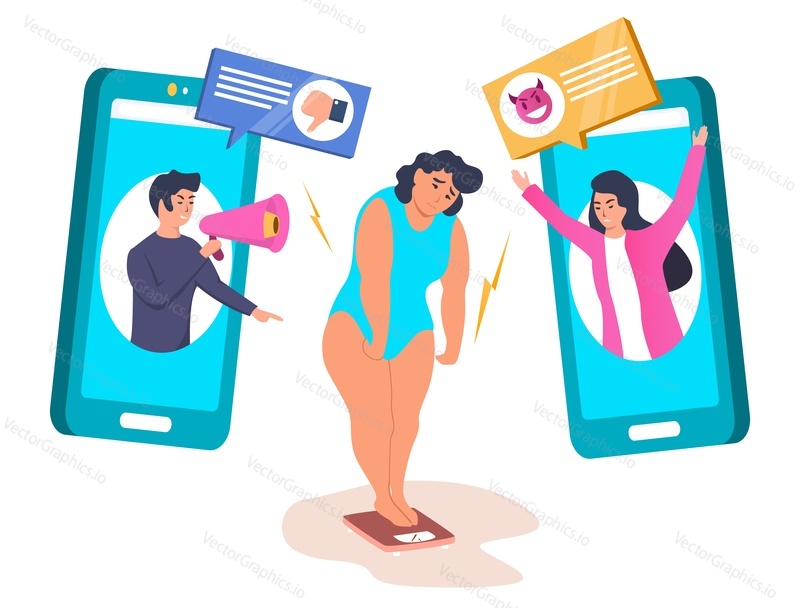 Fat girl experiencing body shaming on social media, flat vector illustration. Online body shaming, cyber bullying, social network harassment, mockery.