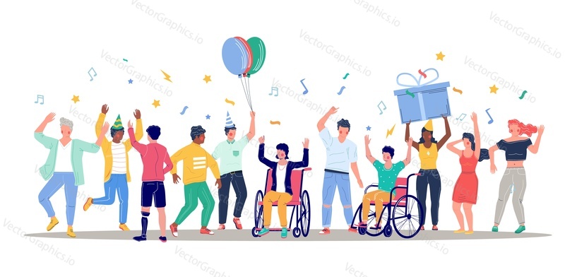 Happy people with disabilities dancing, flat vector illustration. Birthday party. Disabled man and woman in wheelchairs having fun together with friends. Disabled people lifestyle.