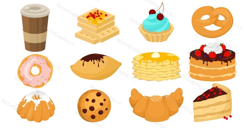 Yummy sweet dessert set, flat vector isolated illustration. Muffin, cake, donut, cookie with chocolate, wafer, pretzel, french croissant and pie. Pastry shop, confectionery and bakery.